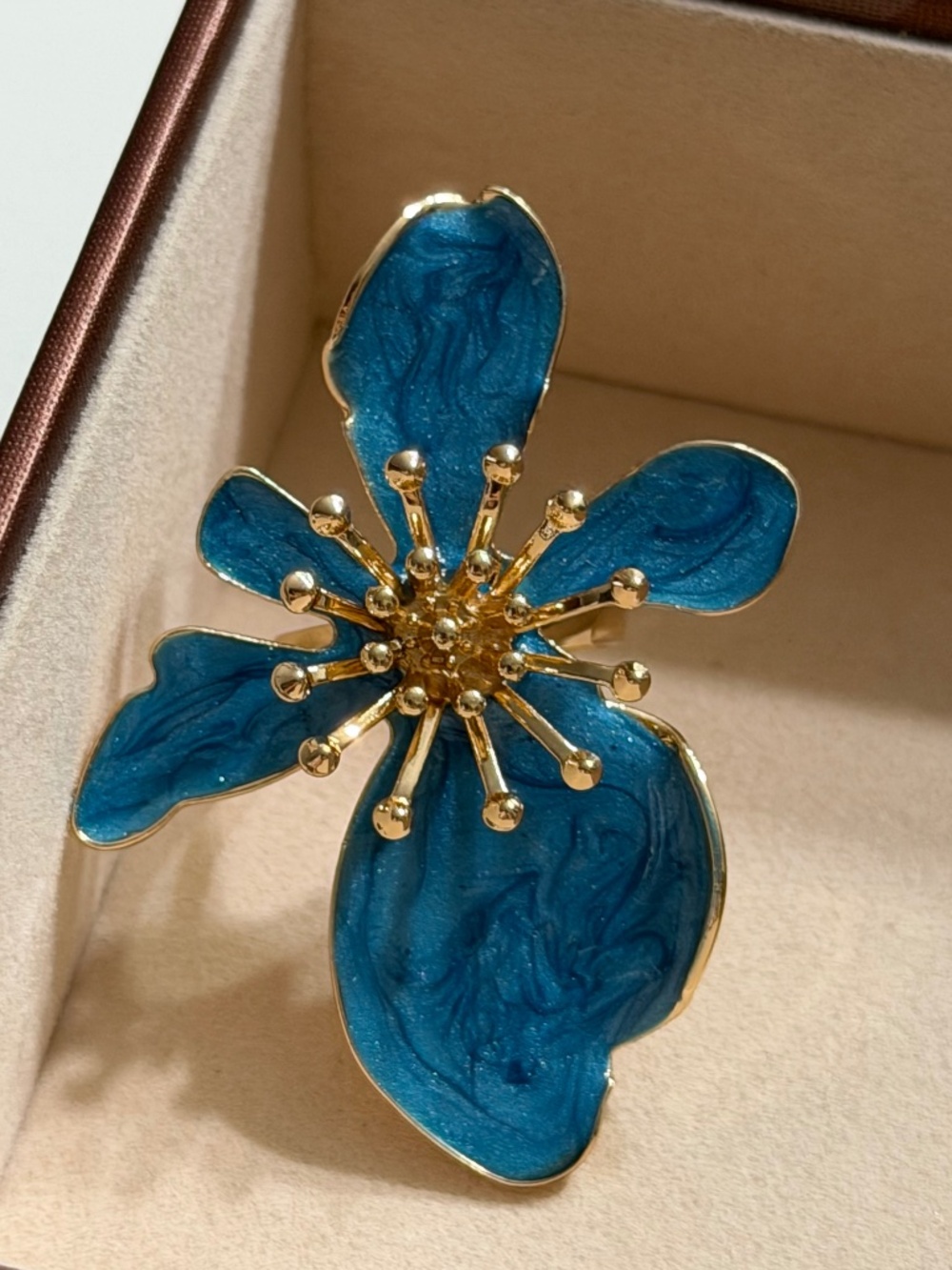 Vintage Golden Blue Asymmetrical Flower Enamel Statement Adjustable Ring.